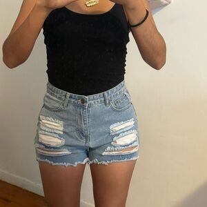 high waisted distressed denim shorts